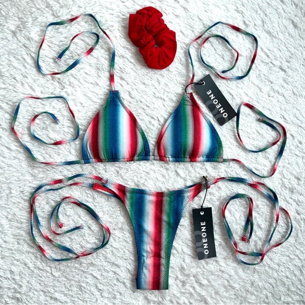 NWT OneOne Swimwear Zermatt Bikini SET New Green Blue Red Stripe Ariel Skimpy